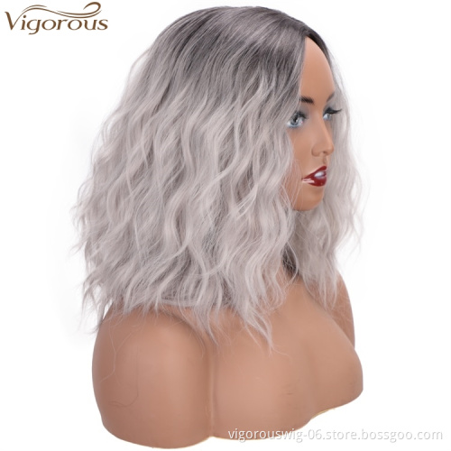 Vigorous Ombre Gray Wigs Short Bob Wavy Fashion Wig for Women Side Part Natural Wave Synthetic Cosplay Wigs